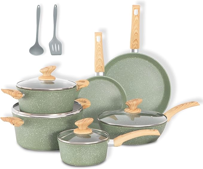 DishDelight Induction Pots and Pans Set Non Stick, 12 Piece Nonstick Induction Granite Kitchen Cookware Sets, Induction Cookware Frying Pans and Saucepan Set, Nonstick Granite Cooking Set, Green