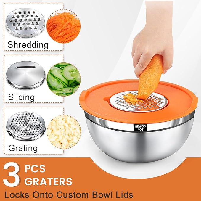 BEWOS 21 Pcs Mixing Bowls with Lids - 7 Stainless Steel Bowls, 3 Graters, 11 Practical Kitchen Accessories, Dishwasher Safe, Ideal for Baking, Meal Prep & On-the-Go, Easy to Store
