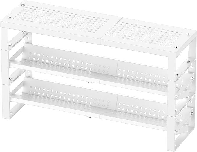 Expandable, Stackable, Adjustable Spice Rack kitchen Organizer,Metal Pantry Storage Shelves - Multi-Tier Shelf for Cabinet, Countertop, Pantries, Cupboard or Wall Mount,White