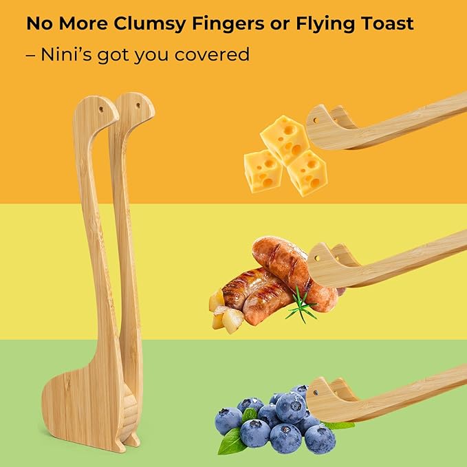 Bamboo Nessie Toast Tongs – 10” Toaster Tongs for Bread & Bagels, Heat-Resistant Bamboo Kitchen Tongs with Anti-Slip Grip, Cute Loch Ness Monster Design for Cooking & Serving