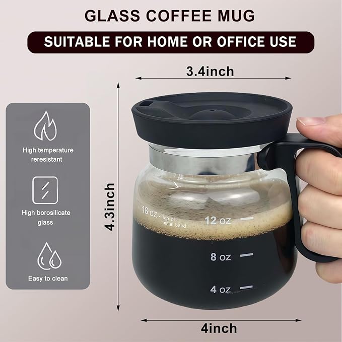 16 Oz Coffee Pot Mug,Mini Coffee Pot Cup,with Spill Proof Lid Heatproof Glass Mug Large Capacity ideal Gift for Coffee Lovers (2Pcs)