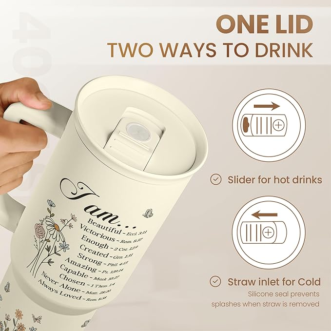 Christian Tumbler with Handle 40oz, Inspirational Gifts for Her, Religious Gift for Women Girl, Stainless Steel Insulated Coffee Travel Cup, Inspiration Gift for Christmas Birthday Mothers Day