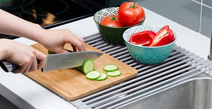 Surpahs Roll-Up Dish Drying Rack, Warm Gray, 20.5" x 15.5", Wide Platform, Fits Sinks up to 18.5", Silicone-Coated Stainless Steel