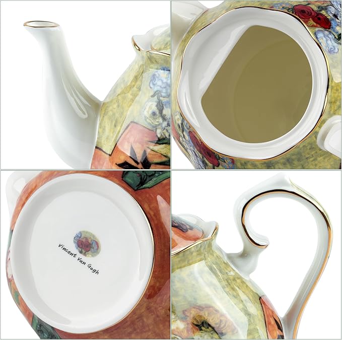 Teapot 30 oz Van Gogh Paintings Bone China Loose Tea Pot Floral Design Vintage Ceramic Coffee Water Pot European Style Porcelain (Flower Vase)