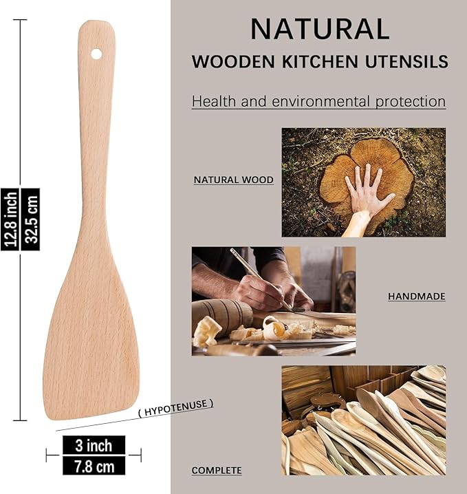 2PCS Wooden Spatulas for Cooking,12.8inch Uncoated Beech Wood Turners for Frying,Non-Scratch Wood Bevel Spurtle for Pan & Wok,Wooden Cooking Utensils for Non Stick Cookware,Long Handle Scraper