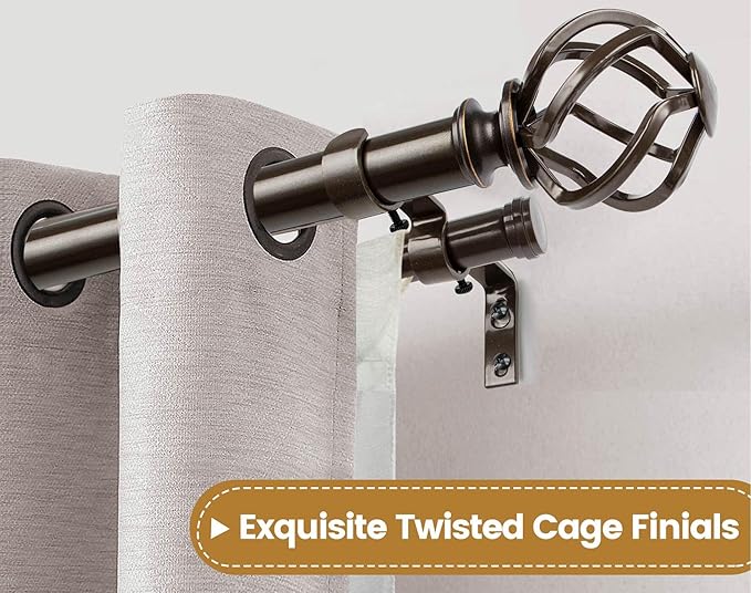 KAMANINA 1 Inch Double Curtain Rods 66 to 120 Inches (5.5-10 Feet) Telescoping Heavy Duty Drapery Rod for Windows 54 to 115 with Twisted Cage Finials, Antique Bronze