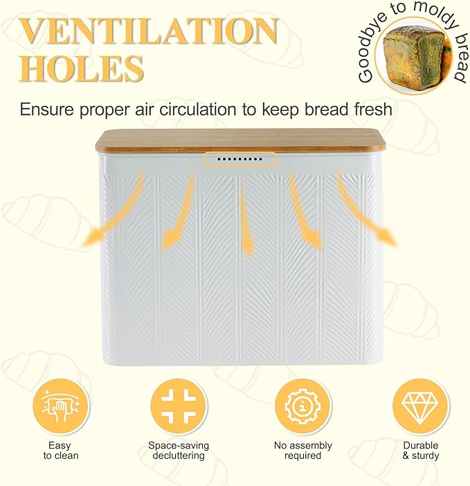 Extra Large Bread Box for Kitchen Countertop Corner Breadbox for Homemade Bread Metal White Diagonal Stripe Pattern Embossed Storage Container Bin with Bamboo Lid Fits 2 Loaves of Bread