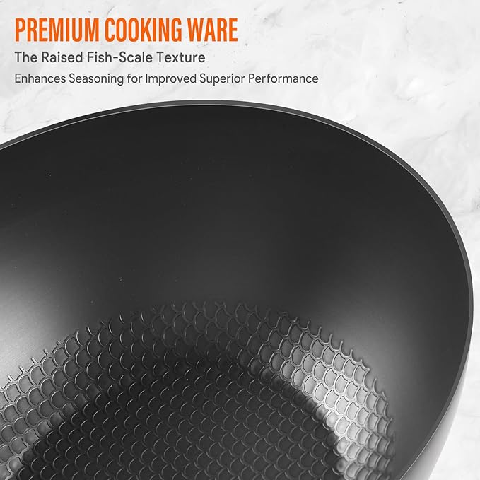Carbon Steel Wok Pan, 10.5" Authentic Chinese Stir-Fry Pans Set with Glass Lid, 1.87lb Lightweight Flat Bottom Small Wok for 2-3 Servings