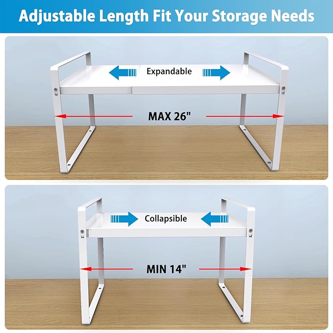 11'' Wide Expandable Cabinet Shelf Organizer Rack Adjustable Length 14''-26'' Pantry Shelf Spice Rack Heavy Duty Nonslip Kitchen Counter Storage Shelves Pantry Cupboard Under Sink Countertop, White