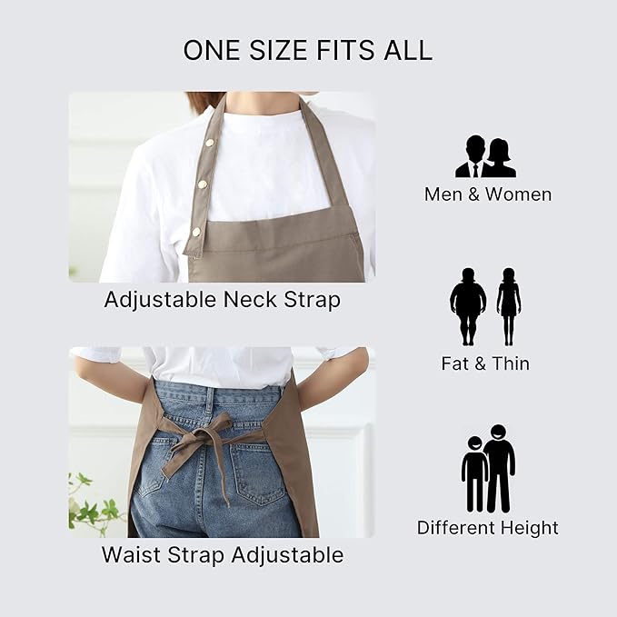 Aprons for Women Men BBQ Chef Cooking Artist Water Drop Resistant Canvas Adjustable Kitchen Apron with Pockets for Unisex Grill Baking Painting Art Stylist Dishwashing Comfortable Aprons (khaki)