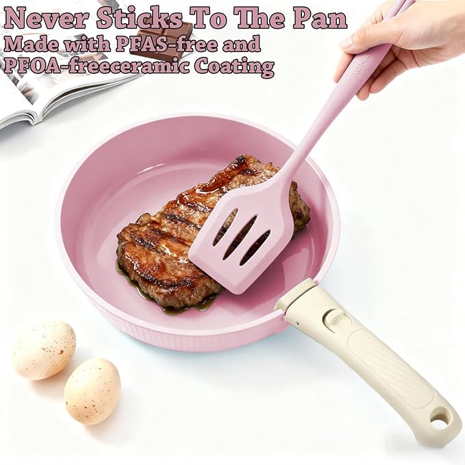 24 Pcs pots and pans set,pots and pans set non stick,Oven-safe and dishwasher-safe,PFAS/PFOA Free,Induction Dishwasher Oven Safe cookware set (Pink)