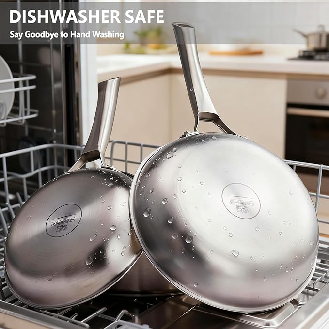 VINGLI 8'' 10'' 12'' Stainless Steel Frying Pan Set, Tri-Ply Skillets Set, Non-Toxic Chef's Pan, PFOA & PTFE Free Skillets, Compatible for All Cooktops, Dishwasher & Oven Safe (3-Pcs SKillets Set)