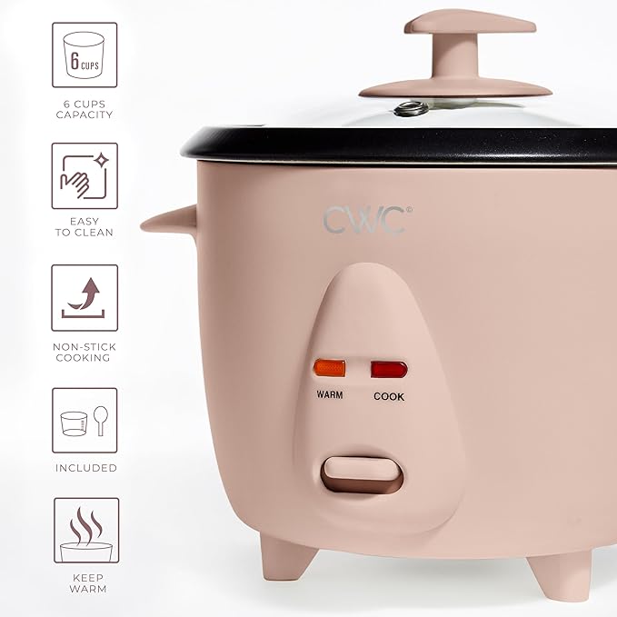 COOK WITH COLOR 6 Cup Rice Cooker 300W - Effortless Cooking and Perfectly, Cooks 3 Cups of Raw Rice for 6 Cups of Cooked Rice, Blush