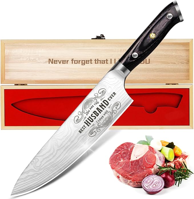 Gifts for Men Him Husband, 8 inch Professional German 1.4116 Chef Knife, Engraved Best Husband Ever Knife Gift, Anniversary Birthday Gift for Men, Christmas Fathers Days Husband Gifts