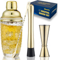 Gold Cocktail Shaker Set - Glass Cocktail Shaker with Strainer - Martini Shaker Set -Matching Cocktail Jigger & Bar Spoon with Muddler – Bartender Kit for Home Bar
