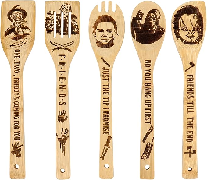 5Pcs Horror Movie Merchandise - Wooden Spoons for Cooking, Halloween Kitchen Accessories, Engraved Bamboo Cooking Utensils, Horrors Movie Decor, Horrors Movie Gifts