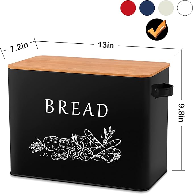 E-far Bread Box for Kitchen Countertop, Metal Bread Storage Container Bin with Bamboo Lid for Cutting Bread, Extra Large & Farmhouse Style, 13” x 7.2” x9.8”, Black