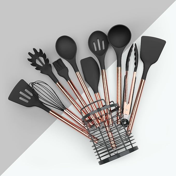 Black Kitchen Utensil Set with Holder, 22 Pcs Silicone Cooking Utensils Set for Nonstick Cookware, Heat Resistance Spatula Set, Stainless Steel Handle Kitchen Gadgets Utensils Set