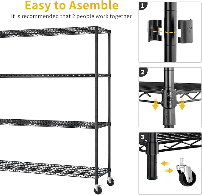 Karl home 4-Tier Adjustable Metal Storage Shelves, Wire Shelving Unit with Wheels & Leveling Feet, Heavy Duty Garage Shelving, Pantry & Kitchen Display Shelf Organizer, Home Storage Rack