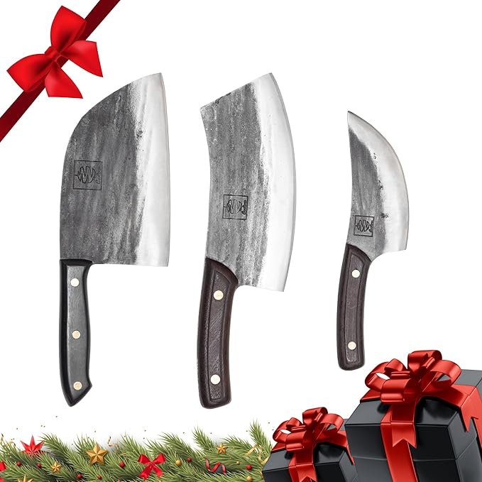 COOLINA Classic Trio Kitchen Knife Set – High-Carbon Steel, Includes Promaja Cleaver, Altomino Chef’s Knife & Butcher Knife, Full Tang, Ergonomic Handle, Precision Cutting for Meat & Vegetables