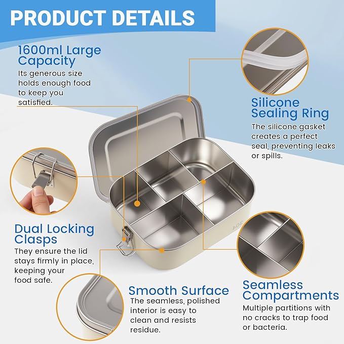 Leakproof Stainless Steel Bento Box (1600ml/54oz) with 5 Sealed Compartments, Metal Lunch Container for Women Adult, Metal Food Storage Lunch box for Work, Travel