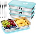 Stainless Steel Snack Containers with Lids, Reusable Bento Lunch Container Box, Food Storage, Leak Proof, Dishwasher-Safe, Grab and Go for Work, 4 Pack-Double Compartment