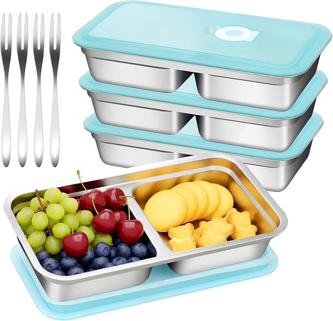 Stainless Steel Snack Containers with Lids, Reusable Bento Lunch Container Box, Food Storage, Leak Proof, Dishwasher-Safe, Grab and Go for Work, 4 Pack-Double Compartment