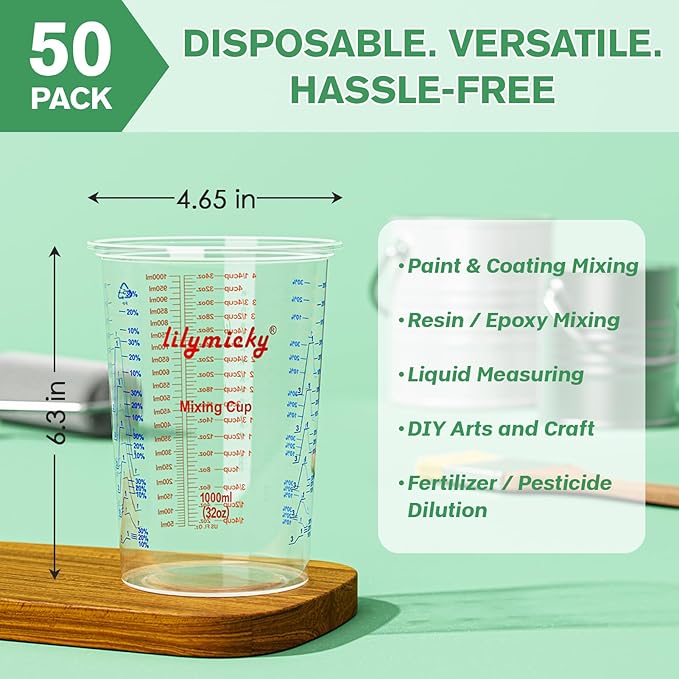 50 PACK Plastic Measuring Cups, 32 oz (1000ml) Disposable Mixing Cups, Measurement ratios: 2:1, 3:1, 4:1, Perfect for Epoxy Resin, Paint Mixing, Art DIY