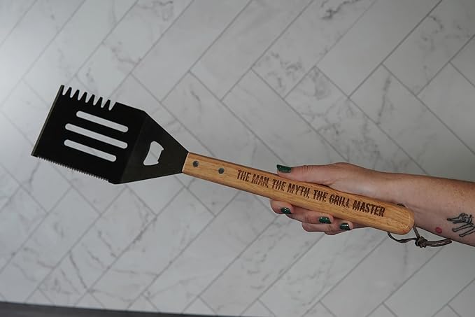 Grill Spatula for Kitchen, Stainless Steel BBQ Scraper, Customized Flat Top Flipper With Wooden Handle-THE MAN. THE MYTH. THE GRILL MASTER.