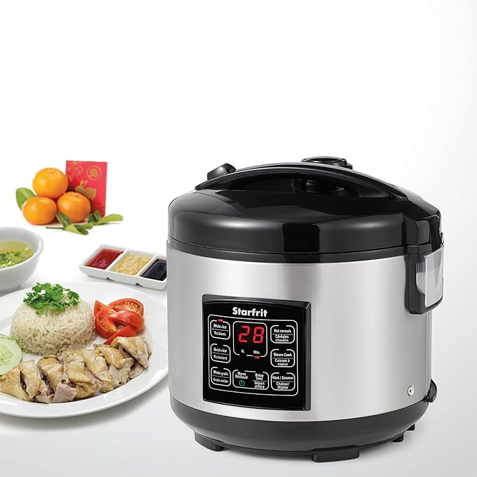 Starfrit Electric Rice Cooker - 14 Cups - Steamer Basket, Measuring Cup & Service Spoon - 500W - Silver