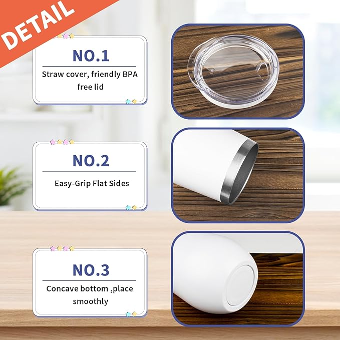 StarSpeed 12oz Wine Tumbler with lid, Stainless Steel Travel Mugs Stemless Double Wall Insulated Coffee Cup, Insulated Wine Glasses Travel Tumbler for Cold & Hot Drinks(White, 1)