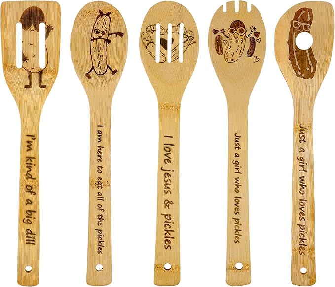 Cucumber Wooden Cooking Spoons Set of 5,Emotional Support Pickle Gifts,Cucumber Decor Gifts,Cooking Spoons Housewarming Wedding,Great Gift Women,Mom,Friends,Coworker,Home Decor and Encouragement