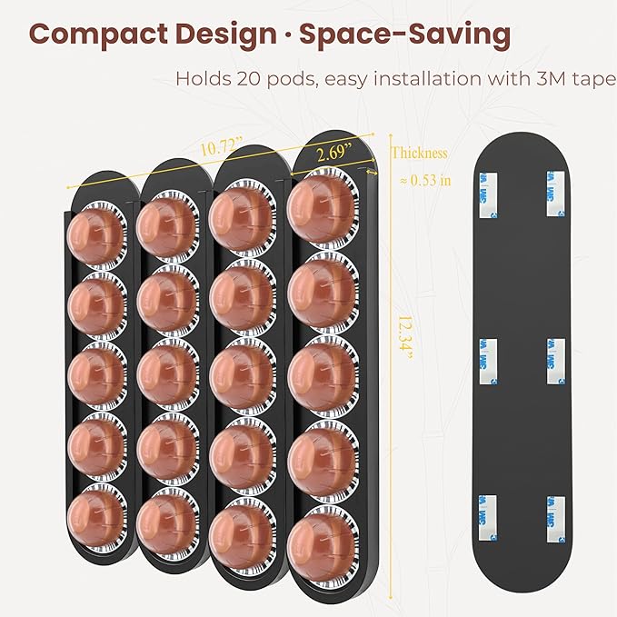 Bamboo Coffee Pod Holder, Adhesive Wall Mount for Cabinet Door, 20-Capsule Storage (Set of 4) — Vertical/Horizontal — Compatible with Nespresso Vertuo Line-Black
