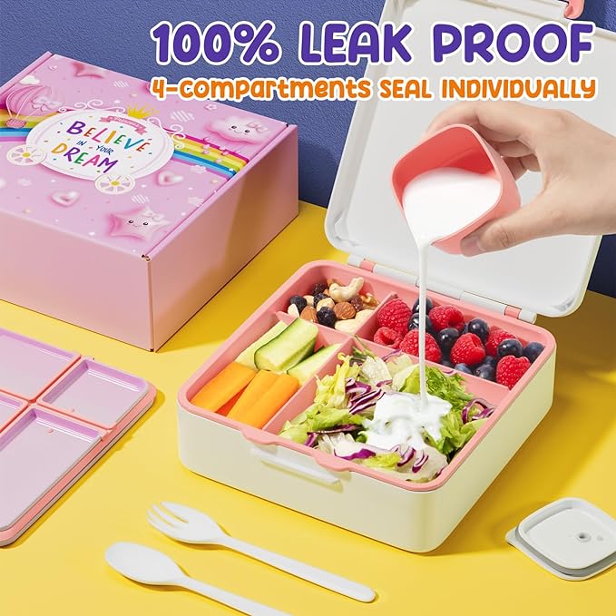 Fimibuke Bento Lunch Box for Kids, Leak Proof Toddler Bento Box with 4 Compartments BPA Free Dishwasher Safe Lunch Container with Utensils, Ideal Portion Sizes for Ages 3-12 Girls Boys for School