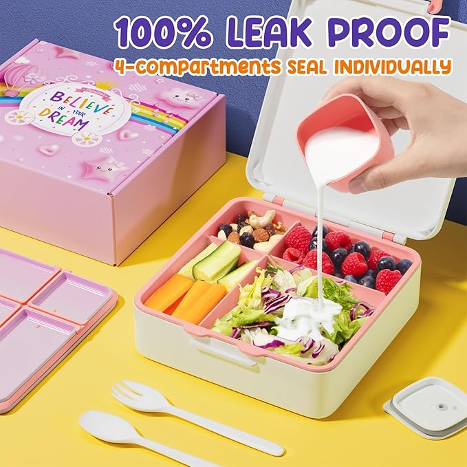 Fimibuke Bento Lunch Box for Kids, Leak Proof Toddler Bento Box with 4 Compartments BPA Free Dishwasher Safe Lunch Container with Utensils, Ideal Portion Sizes for Ages 3-12 Girls Boys for School