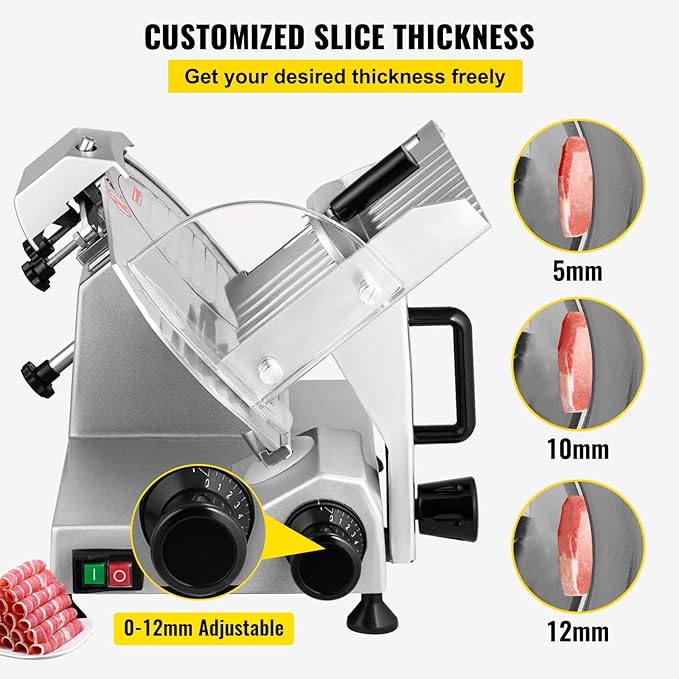 VEVOR Commercial Meat Slicer, 200W Electric Deli Food Slicer, 0-12mm Adjustable Thickness Electric Meat Slicer, 350-400RPM Slicer with 8.7'' Chromium-plated Steel Blade for Home & Commercial Use