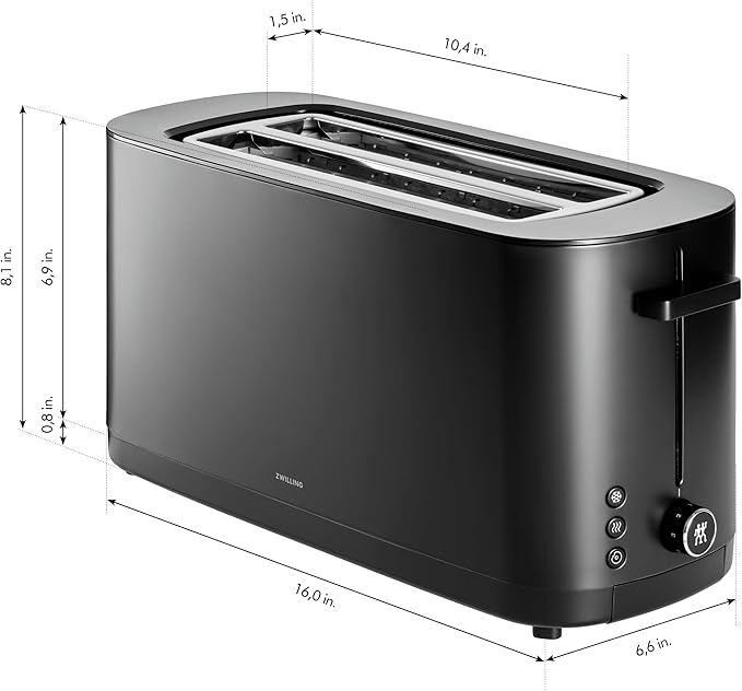 ZWILLING Enfinigy, 4-Slice Long Slot Toaster, Extra Wide 1.5" Slots for Bagels and Toast, Black