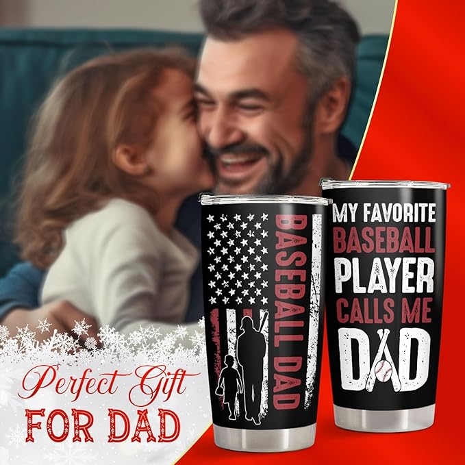 34HD Sport Gifts, Baseball Dad Tumbler with Lid 20 oz Stainless Steel, My Favorite Player Travel Coffee Mug, Baseball Dad Gifts Christmas Gift