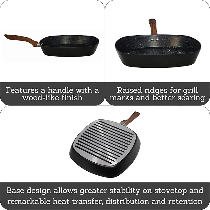 IMUSA 11-Inch PFAS Free Ceramic NonStick Grill Pan, Aluminum Griddle Pan with Cool-Touch WoodLook Handle, Large Cooking Surface for Burgers, Steaks, Vegetables, Sandwiches & BBQ