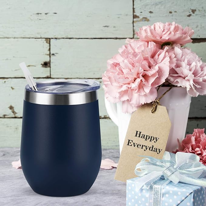 Lifecapido 4 Pack 12Oz Stainless Steel Stemless Wine Glasses, Insulated Wine Tumbler, Stainless Steel Wine Tumbler Cups with Lids and Straws for Coffee, Cocktails, Wine, Champaign, Navy Blue