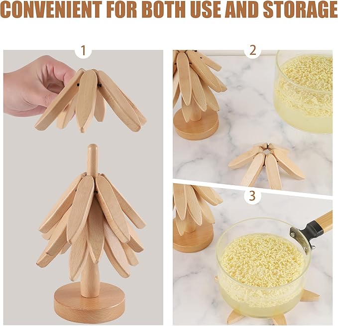 Wooden Trivets for Hot Dishes, Tree-Shaped Wooden Trivet Set, Includes 4 Trivets with Stand, Beech Wood (Walnut)