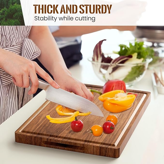 X-Large Acacia Wood Cutting Board for Kitchen, 20x15x1.2 Inch Reversible Wooden Chopping Board Thick Charcuterie Board with Juice Grooves and Handle for Meat, Cheese, Vegetables, Fruits, Bread