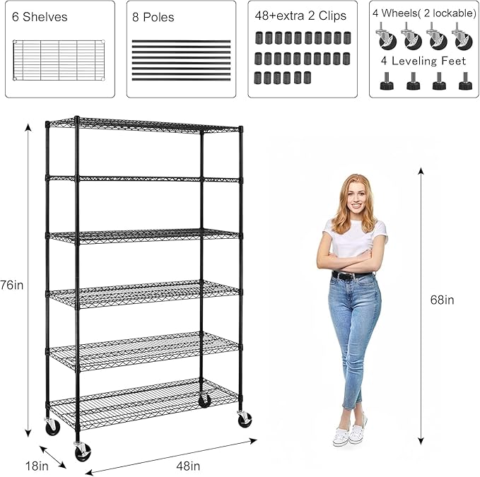 6-Shelf Storage Shelves Wire Shelving Unit with Wheels, 6000lbs Heavy Duty Metal Garage Shelving Storage Rack Adjustable NSF Shelf for Commercial Rolling Utility，(48"x18"x76", Black)