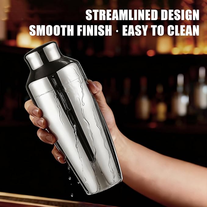 Cocktail Shaker, Martini Shaker, 24oz Stainless Steel, Leakproof Alcohol Bartending, Mirror Finish, Drink Shaker for Cocktails, Christmas Gifts for Men（Silver）