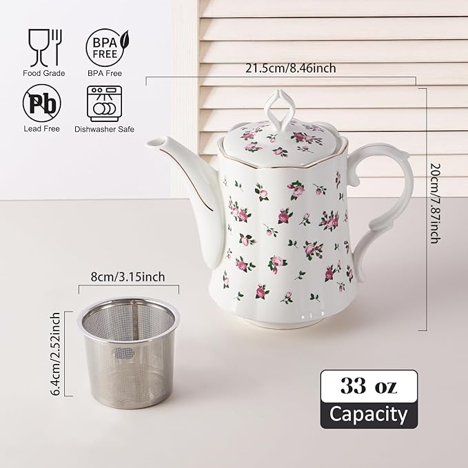Vintage Floral Tea pot with Infuser, 33oz, Ceramic Teapot with Tea Strainers for Loose Leaf Tea, Rose Teapots for Tea Party