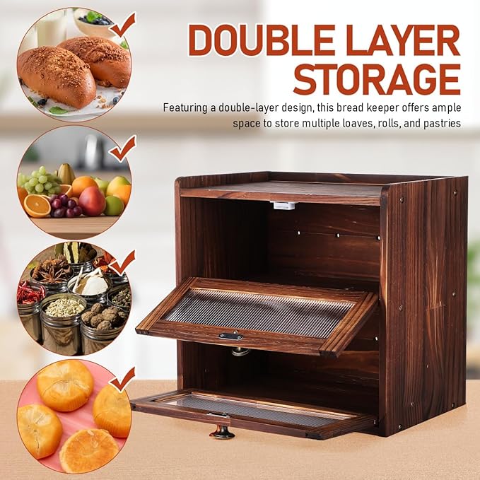 PRETYZOOM Bread Box for Kitchen Countertop, 2 Layer Wooden Bread Storage Bin with Magnetic Closure Window, Vintage Farmhouse Organization Kitchen Food Organizer