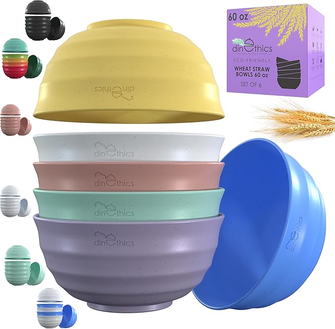 60-OZ 6 Large Wheat Straw Bowls - Large Salad, Fruit & Dinner Bowls - Dishwasher & Microwave Safe - Coral, Classic Style