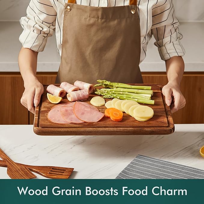 CHOSIN Wood Cutting Board, Acacia Chopping Board with Juice Groove - 16"x12" Cutting Board with Wooden Spatula Set for Kitchen and House Warming Gift