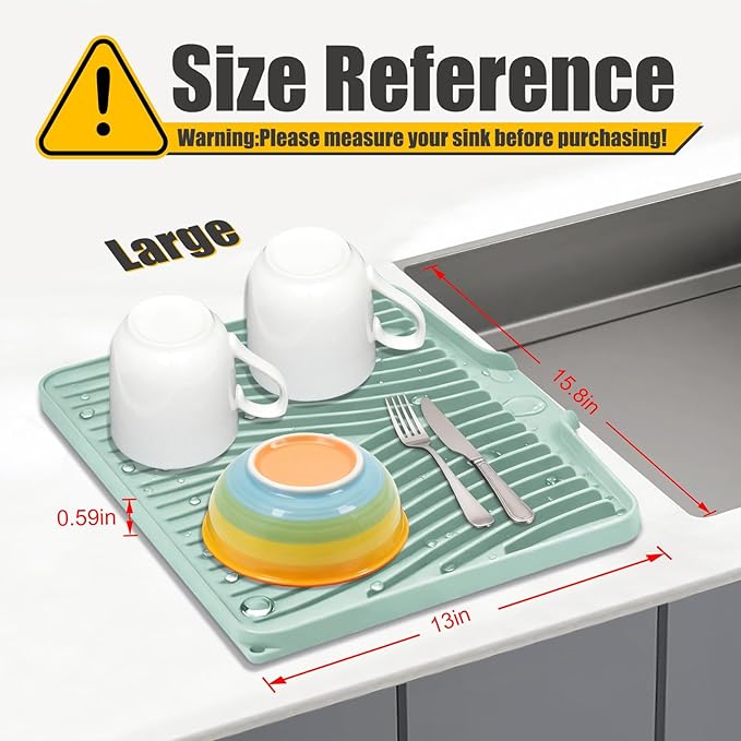 Silicone Dish Drying Mat for Kitchen Counter, Dish Drying Pad, Non-Slip Drain Pad with Built-in Drain, Heat Resistant Stone Drying Mat(15.8" x 13", Mint)