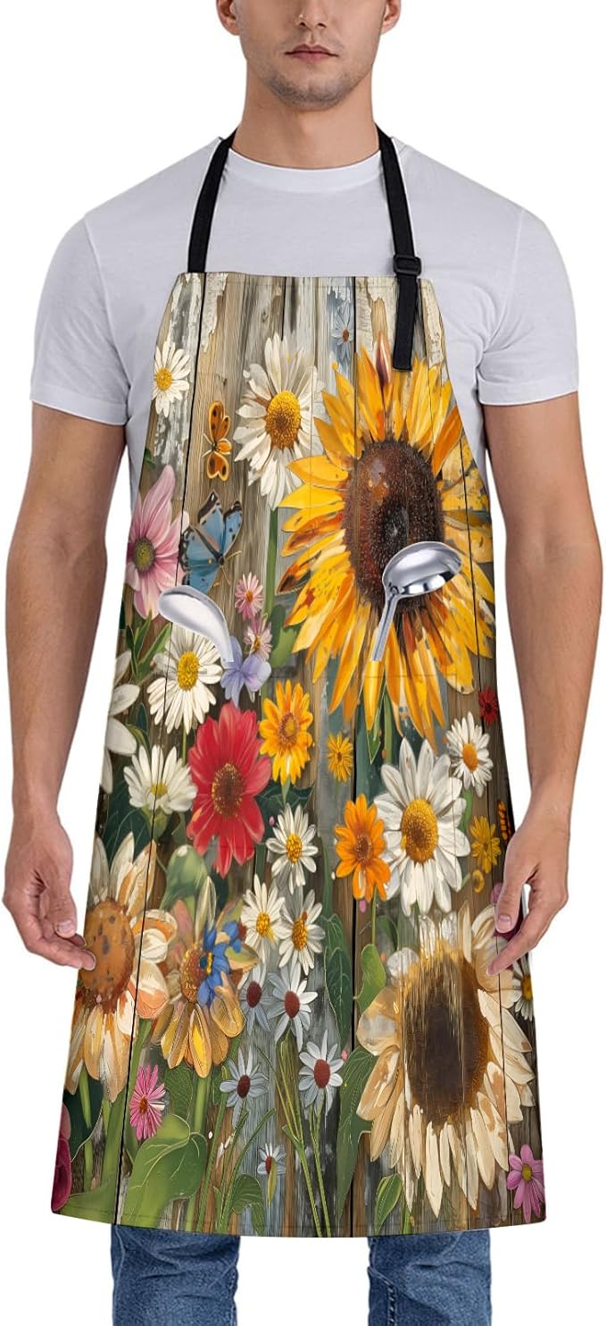 Vintage Sunflower Apron for Women, 28x33in, Kitchen Chef Aprons with 2 Pockets, Polyester, Farmhouse Apron for Cooking BBQ Baking Gardening Chef, Gifts for Mom Wife Dad